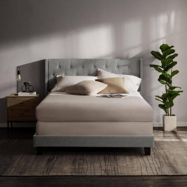 Hearth & Harbor King Bed Frame and Headboard Wingback – Linen Button-Tufted Upholstered King Size Bed Frame, Platform Bed Frame King, Modern Bedframe, Box Spring Required, Grey