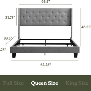 Hearth & Harbor King Bed Frame and Headboard Wingback – Linen Button-Tufted Upholstered King Size Bed Frame, Platform Bed Frame King, Modern Bedframe, Box Spring Required, Grey