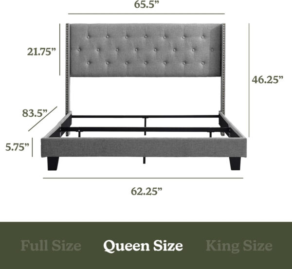 Hearth & Harbor King Bed Frame and Headboard Wingback – Linen Button-Tufted Upholstered King Size Bed Frame, Platform Bed Frame King, Modern Bedframe, Box Spring Required, Grey