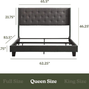 Hearth & Harbor King Bed Frame and Headboard Wingback – Linen Button-Tufted Upholstered King Size Bed Frame, Platform Bed Frame King, Modern Bedframe, Box Spring Required, Grey