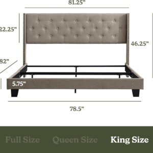 Hearth & Harbor King Bed Frame and Headboard Wingback – Linen Button-Tufted Upholstered King Size Bed Frame, Platform Bed Frame King, Modern Bedframe, Box Spring Required, Grey