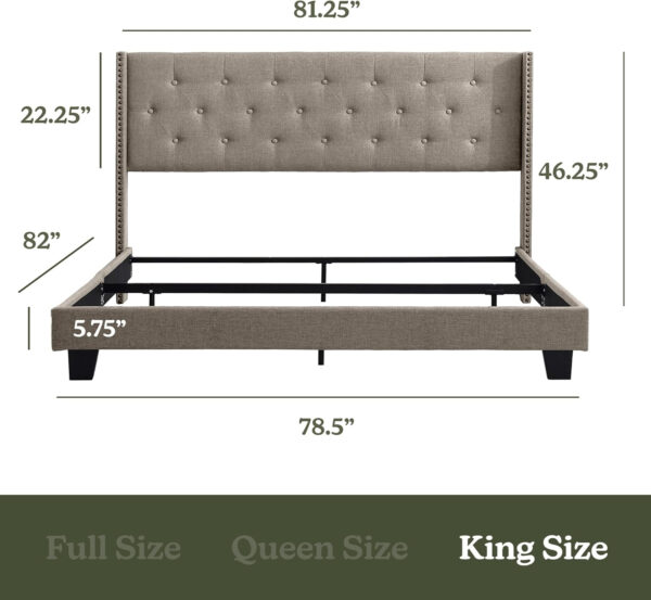 Hearth & Harbor King Bed Frame and Headboard Wingback – Linen Button-Tufted Upholstered King Size Bed Frame, Platform Bed Frame King, Modern Bedframe, Box Spring Required, Grey