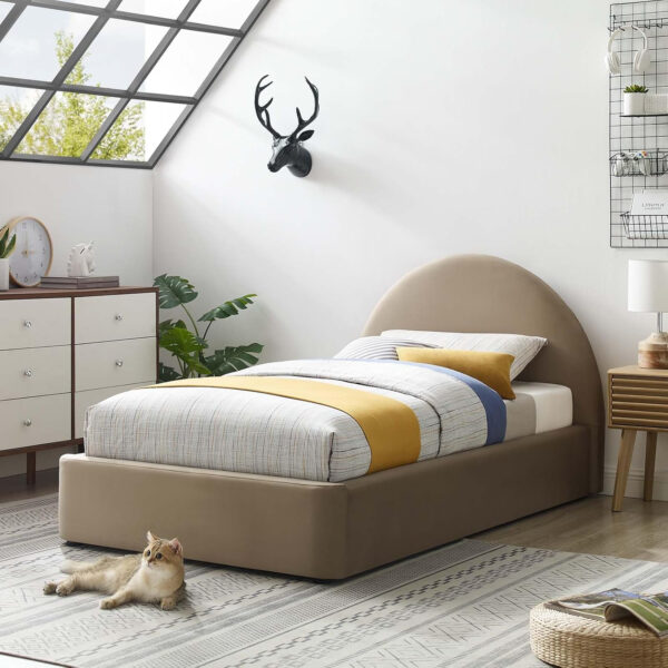 Modway Resort King Size Platform Bed with Arch Shaped Round Headboard in Taupeain-Resistant Performance Velvet King Bed, King Size Bed Frame, Soft Cloud Bed Frame, No Box Spring Needed