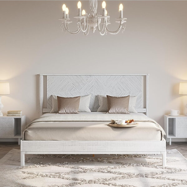 Bme Ethan Solid Wood King Bed Frame with Diamond Headboard - Rustic & Mid-Century Modern - Acacia Wood Platform Bed - Compatible with All Mattresses - No Box Spring Needed - Rustic White