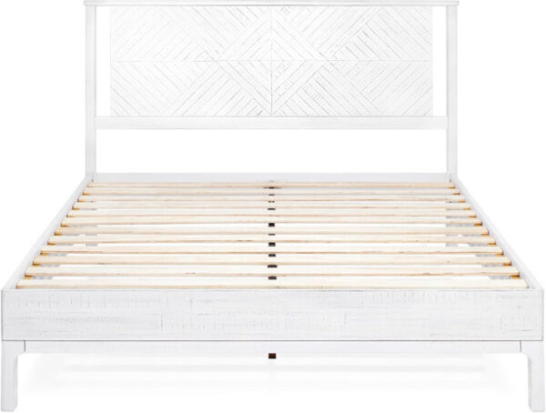 Bme Ethan Solid Wood King Bed Frame with Diamond Headboard - Rustic & Mid-Century Modern - Acacia Wood Platform Bed - Compatible with All Mattresses - No Box Spring Needed - Rustic White