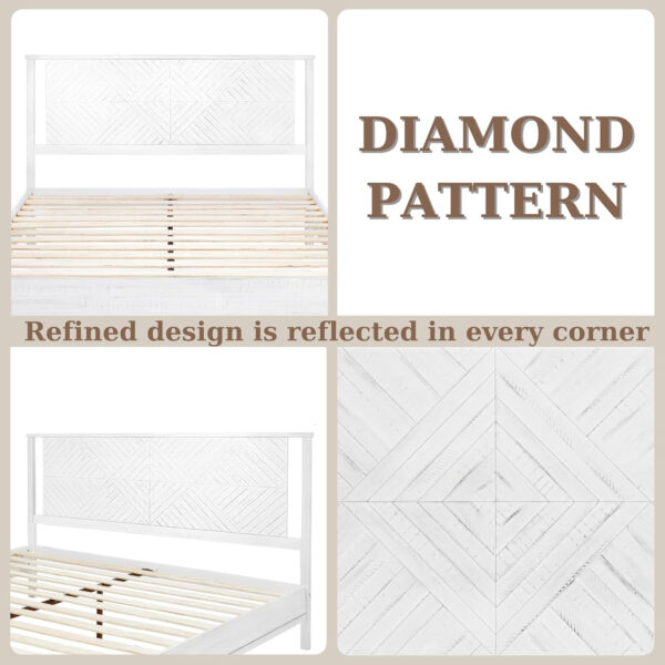 Bme Ethan Solid Wood King Bed Frame with Diamond Headboard - Rustic & Mid-Century Modern - Acacia Wood Platform Bed - Compatible with All Mattresses - No Box Spring Needed - Rustic White