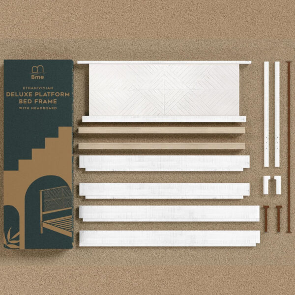 Bme Ethan Solid Wood King Bed Frame with Diamond Headboard - Rustic & Mid-Century Modern - Acacia Wood Platform Bed - Compatible with All Mattresses - No Box Spring Needed - Rustic White