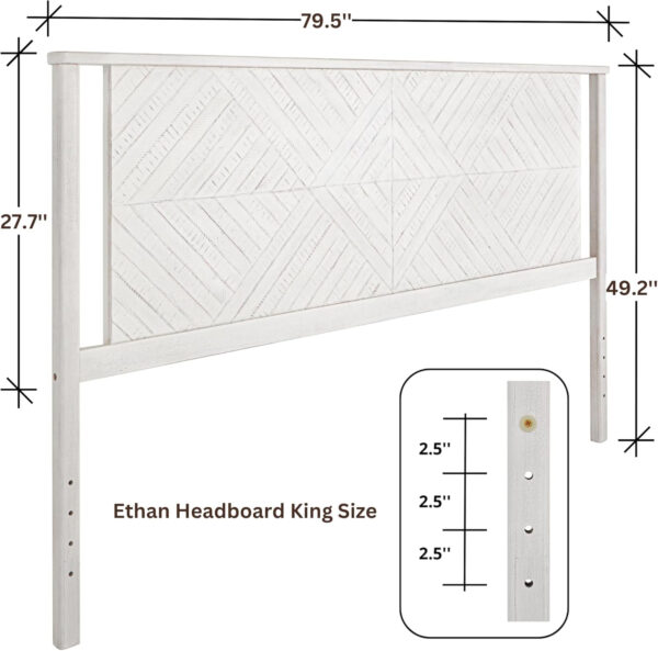 Bme Ethan Solid Wood King Bed Frame with Diamond Headboard - Rustic & Mid-Century Modern - Acacia Wood Platform Bed - Compatible with All Mattresses - No Box Spring Needed - Rustic White