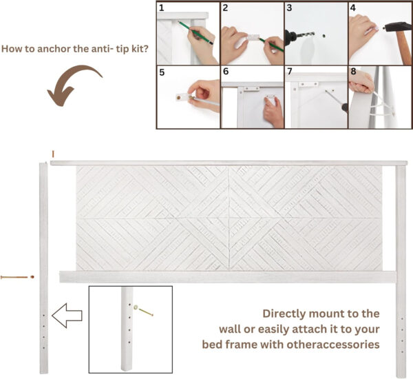 Bme Ethan Solid Wood King Bed Frame with Diamond Headboard - Rustic & Mid-Century Modern - Acacia Wood Platform Bed - Compatible with All Mattresses - No Box Spring Needed - Rustic White