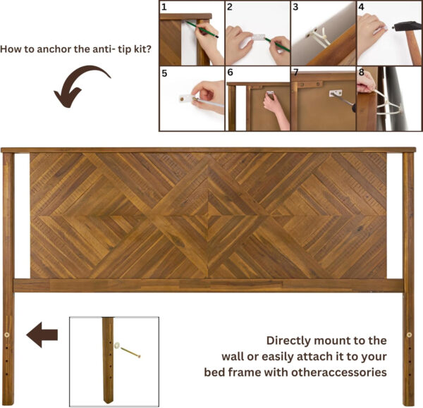 Bme Ethan Solid Wood King Bed Frame with Diamond Headboard - Rustic & Mid-Century Modern - Acacia Wood Platform Bed - Compatible with All Mattresses - No Box Spring Needed - Rustic White