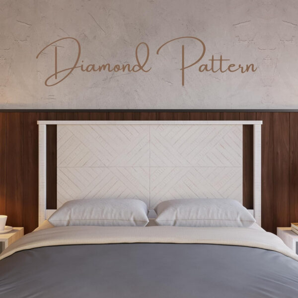 Bme Ethan Solid Wood King Bed Frame with Diamond Headboard - Rustic & Mid-Century Modern - Acacia Wood Platform Bed - Compatible with All Mattresses - No Box Spring Needed - Rustic White