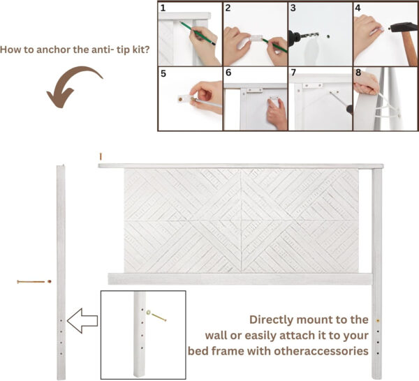 Bme Ethan Solid Wood King Bed Frame with Diamond Headboard - Rustic & Mid-Century Modern - Acacia Wood Platform Bed - Compatible with All Mattresses - No Box Spring Needed - Rustic White