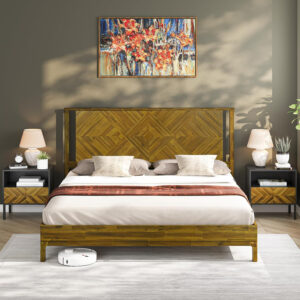 Bme Ethan Solid Wood King Bed Frame with Diamond Headboard - Rustic & Mid-Century Modern - Acacia Wood Platform Bed - Compatible with All Mattresses - No Box Spring Needed - Rustic White