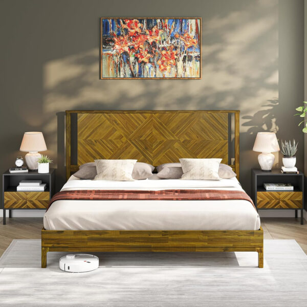 Bme Ethan Solid Wood King Bed Frame with Diamond Headboard - Rustic & Mid-Century Modern - Acacia Wood Platform Bed - Compatible with All Mattresses - No Box Spring Needed - Rustic White