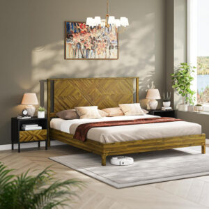 Bme Ethan Solid Wood King Bed Frame with Diamond Headboard - Rustic & Mid-Century Modern - Acacia Wood Platform Bed - Compatible with All Mattresses - No Box Spring Needed - Rustic White