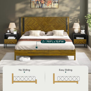 Bme Ethan Solid Wood King Bed Frame with Diamond Headboard - Rustic & Mid-Century Modern - Acacia Wood Platform Bed - Compatible with All Mattresses - No Box Spring Needed - Rustic White