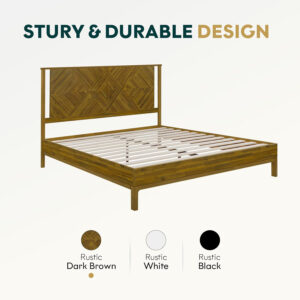 Bme Ethan Solid Wood King Bed Frame with Diamond Headboard - Rustic & Mid-Century Modern - Acacia Wood Platform Bed - Compatible with All Mattresses - No Box Spring Needed - Rustic White