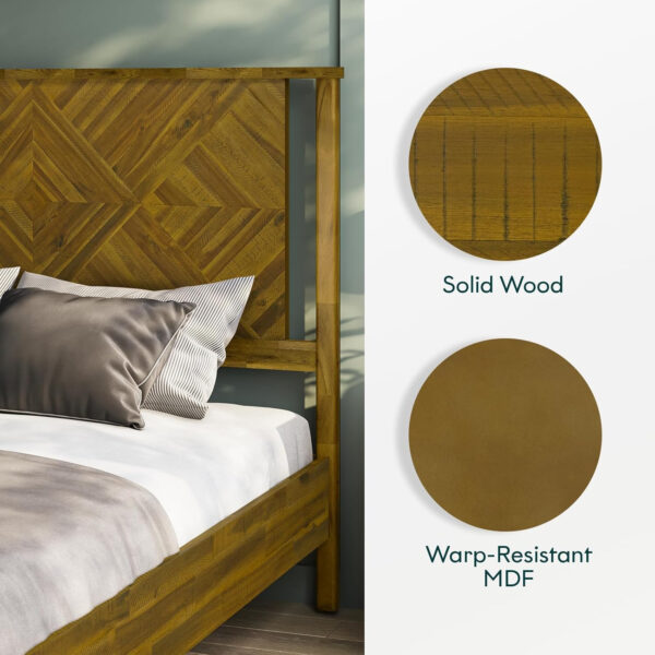 Bme Ethan Solid Wood King Bed Frame with Diamond Headboard - Rustic & Mid-Century Modern - Acacia Wood Platform Bed - Compatible with All Mattresses - No Box Spring Needed - Rustic White