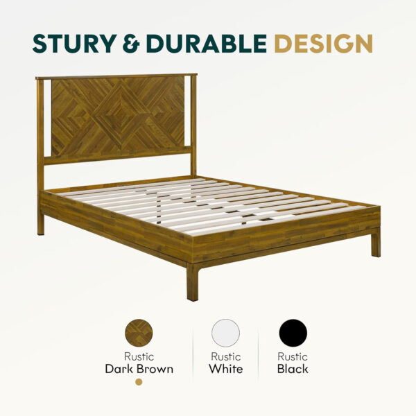 Bme Ethan Solid Wood King Bed Frame with Diamond Headboard - Rustic & Mid-Century Modern - Acacia Wood Platform Bed - Compatible with All Mattresses - No Box Spring Needed - Rustic White
