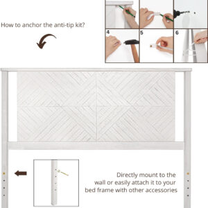 Bme Ethan Solid Wood King Bed Frame with Diamond Headboard - Rustic & Mid-Century Modern - Acacia Wood Platform Bed - Compatible with All Mattresses - No Box Spring Needed - Rustic White