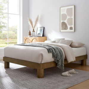 Modway Runa Wood King Platform Bed in French Oak - Minimalist King Size Bed Frame with Wood Slat Support - No Box Spring Needed