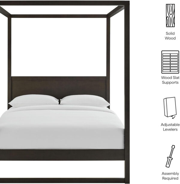 Modway Alva King Size 4-Post Wood Platform Canopy Bed in Smoked Oak – with Headboard and Solid Rubberwood Frame