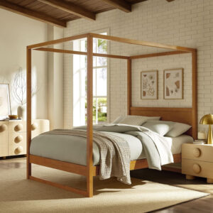 Modway Alva King Size 4-Post Wood Platform Canopy Bed in Smoked Oak – with Headboard and Solid Rubberwood Frame