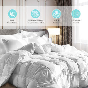 MARTHA STEWART White Goose Feather Down Fiber Comforter King Size- All Season Duvet Insert, Noiseless Fabric with 60oz Filled Luxury Cloud Fluffy Bed Comforter with 8 Corner Loops, White 106x90inch